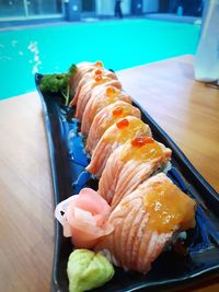 Close-up of sushi served on table