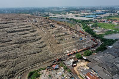 High angle view of garbage, bantargebang