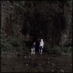 Rear view of woman standing in forest