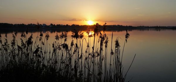 Scenic view of calm lake at sunset