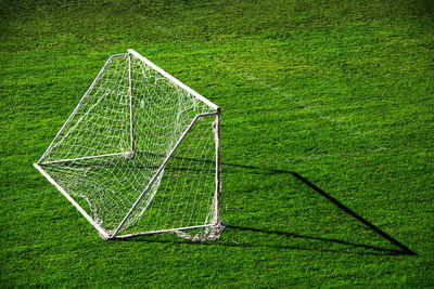 High angle view of net on soccer field