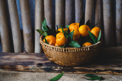 High angle view of oranges in basket
