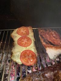 High angle view of food on barbecue grill