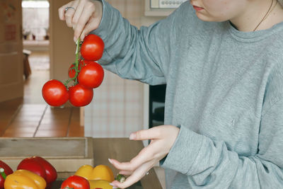 Midsection of woman holding red tomatoes at home