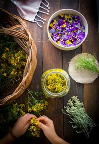 High angle view of potted plants on table