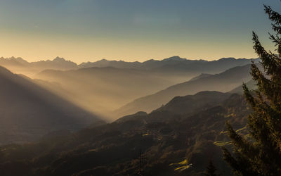Scenic view of mountains against sky at sunset