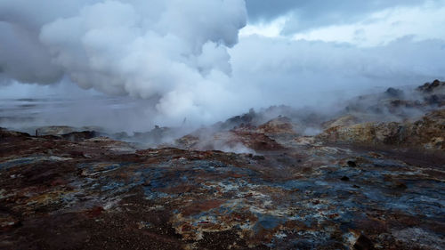 Winter landscape view of the geothermal region hverir near myvatn lake in iceland. 