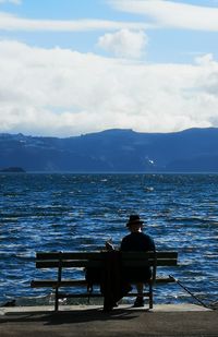 Rear view of man sitting on bench against sea