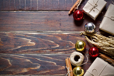 High angle view of christmas decoration on table