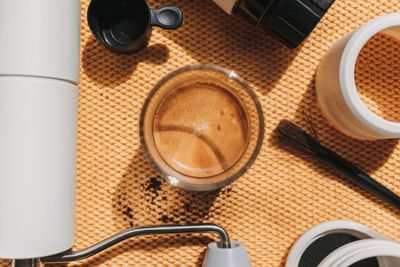 High angle view of objects on table