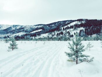 Snow covered landscape against sky