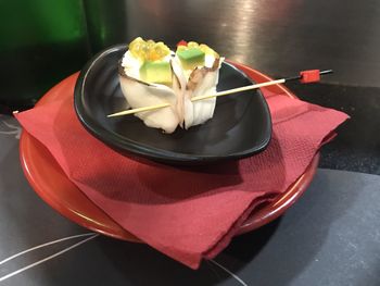 High angle view of dessert in plate on table