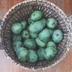 High angle view of fruits in basket on table