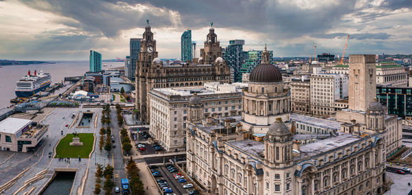 Aerial view of the liverpool skyline in united kingdom