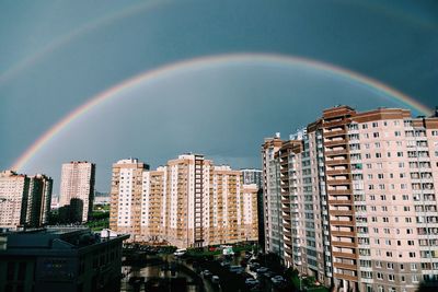 Rainbow over city against sky