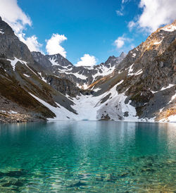 Scenic view of lake by snowcapped mountains against sky