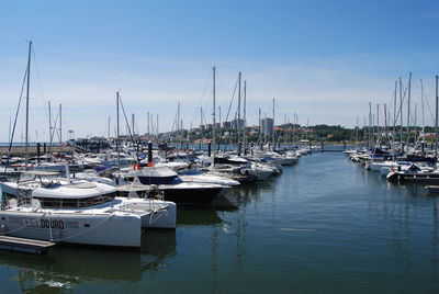 Sailboats moored in river against sky on sunny day