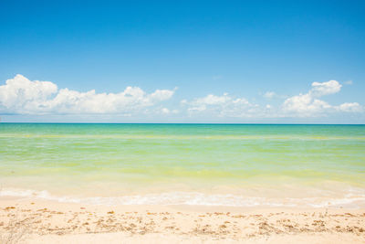 Scenic view of sea against blue sky during sunny day