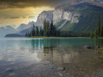 Scenic view of lake by mountains against sky