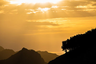 Scenic view of silhouette mountains against orange sky