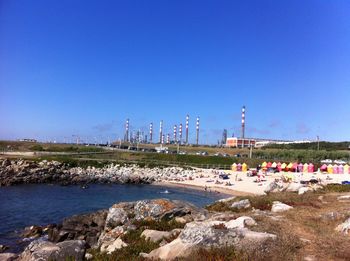 Scenic view of sea against clear blue sky