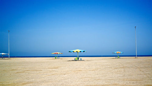 Scenic view of beach against clear blue sky