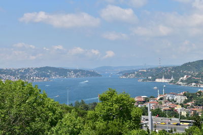 High angle view of city by sea against sky