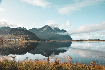 Scenic view of lake and mountains against sky