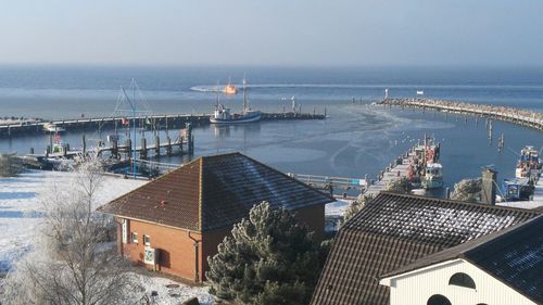 View of fishing trawler arriving on port