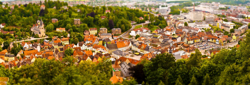 High angle view of trees and buildings in town