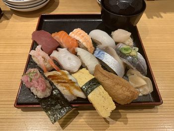 High angle view of sushi in plate on table