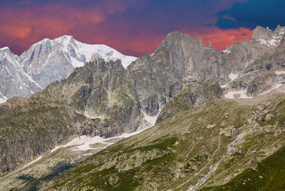 Beautiful view of monte bianco mont blanc during a summer sunset in aosta valley, italy