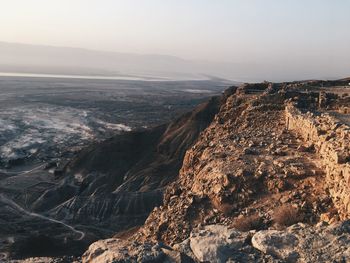 High angle view of mountain range against sky