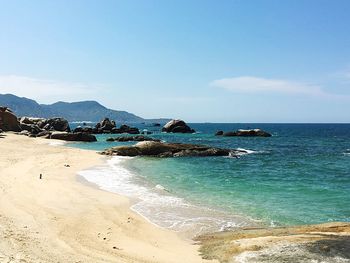 Scenic view of sea against blue sky