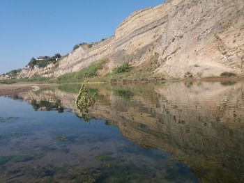 Scenic view of lake and mountains against blue sky