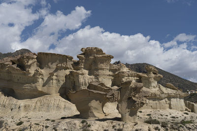 Low angle view of rock formations against cloudy sky