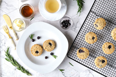 High angle view of breakfast on table