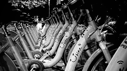 High angle view of bicycles in row