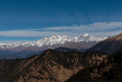 Scenic view of snowcapped mountains against blue sky