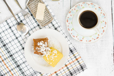 High angle view of breakfast served on table