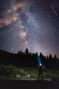 Rear view of man standing on field against sky at night