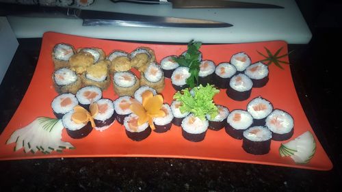 High angle view of sushi in plate on table