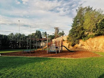 View of soccer field against sky