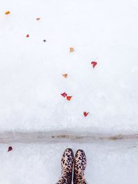 Low section of woman standing on frozen street