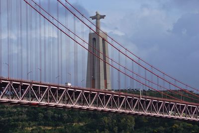 Low angle view of suspension bridge against sky