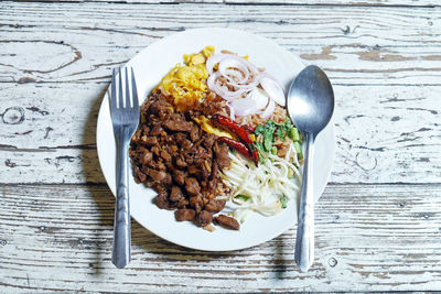 High angle view of meal served on table