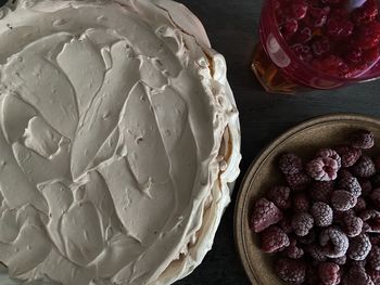 High angle view of cake in bowl on table