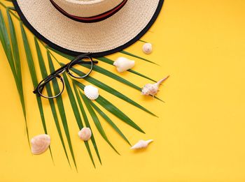 High angle view of hat and yellow balls