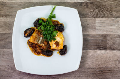 High angle view of food served in plate