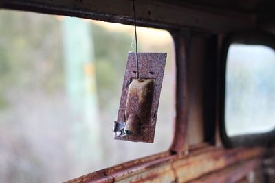 Close-up of rusty metal hanging against window